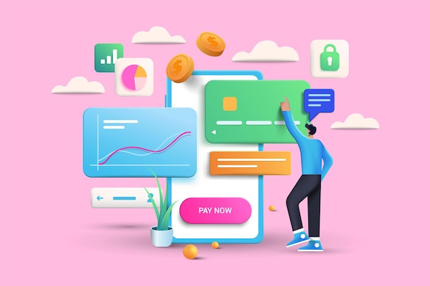 Ilustração de transação de pagamento online em fundo rosa