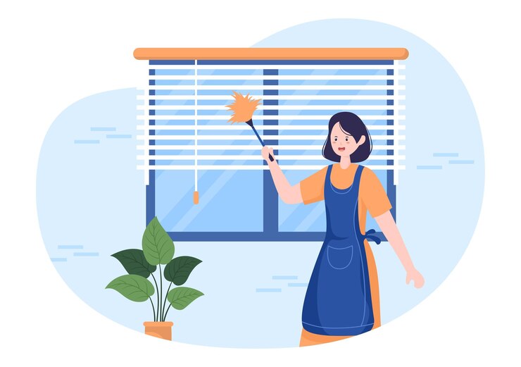 Vetor ilustração de tratamento de cortinas e janelas de serviço de persianas usando ferramentas de limpeza ou interiores domésticos
