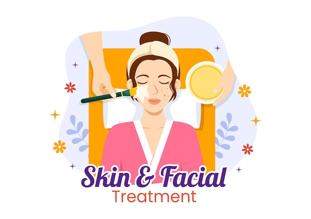 Ilustração de tratamento facial e de pele com procedimentos de cuidados com a pele feminina ou SPA Wellness em modelos