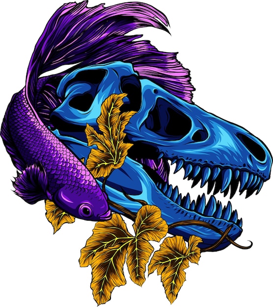 Ilustração de trex skull com peixe betta