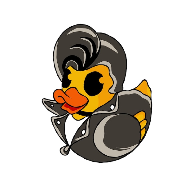 Ilustração de um adorável pato de brinquedo amarelo em uma fantasia de músico com um penteado legal