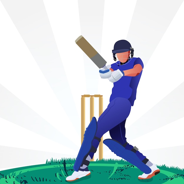 Vetor ilustração de um batedor jogando críquete no campo em um fundo colorido