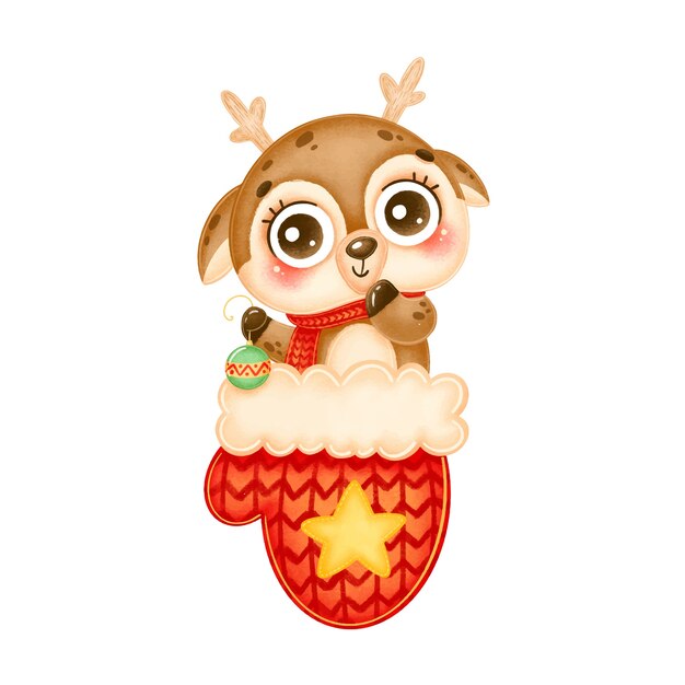 Ilustração de um bonito desenho animado de um cervo de natal segurando uma árvore de natal com uma luva vermelha