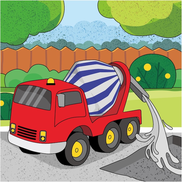 Ilustração de um caminhão betoneira consertando a estrada