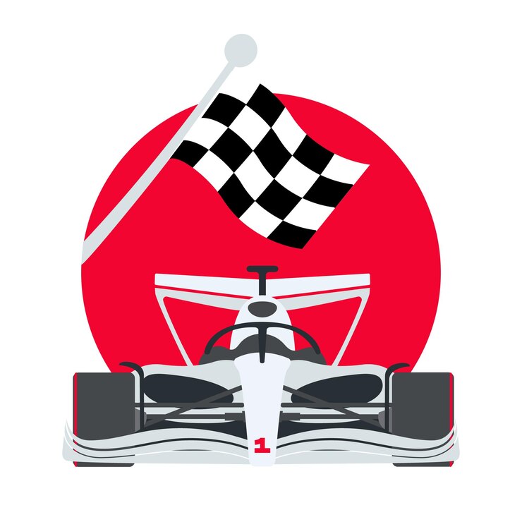 Vetor ilustração de um carro branco com uma bandeira quadriculada no fundo de um círculo vermelho fim da corrida ilustração vetorial