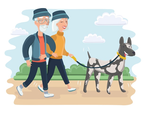 Ilustração de um casal de idosos andando com um cachorro grande. avó e avô no parque
