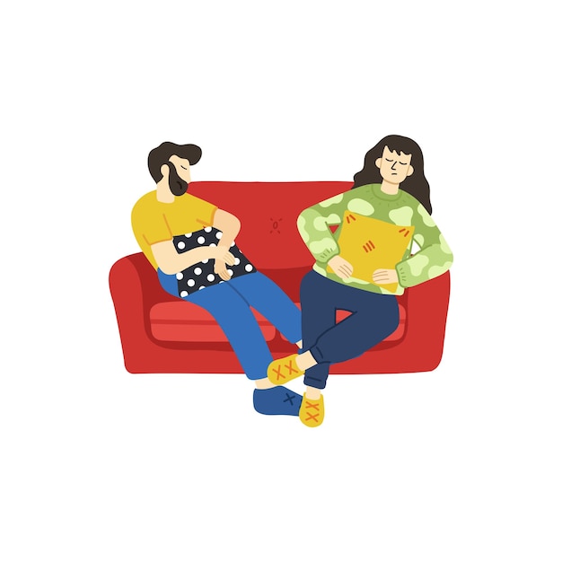 Ilustração de um casal tentando e relaxando no sofá