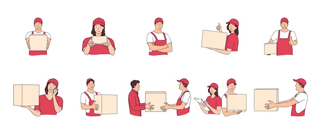 Ilustração de um conjunto de conceitos de trabalho de entrega de mensageiros femininos e mensageiros masculinos entregando mercadorias ao comprador