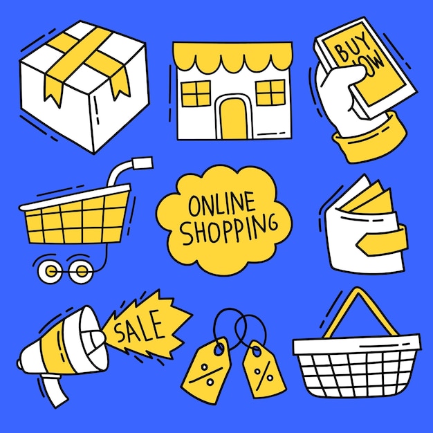 Ilustração de um conjunto de doodles de elementos de compras on-line