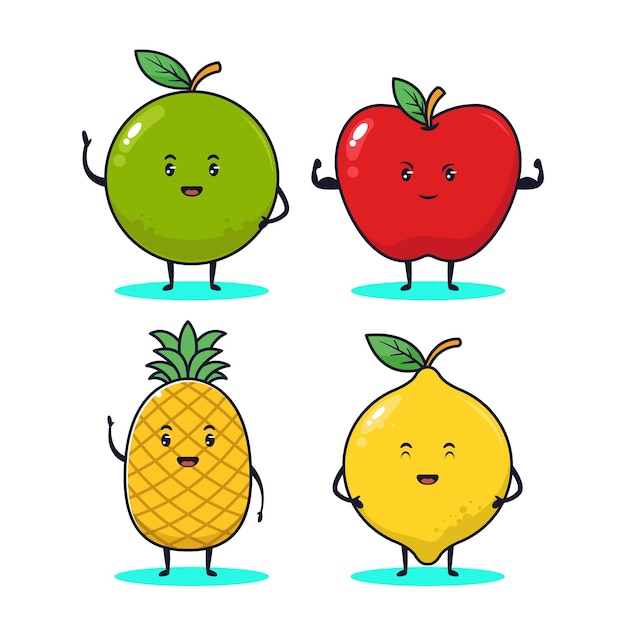 Ilustração de um conjunto de frutas kawaii