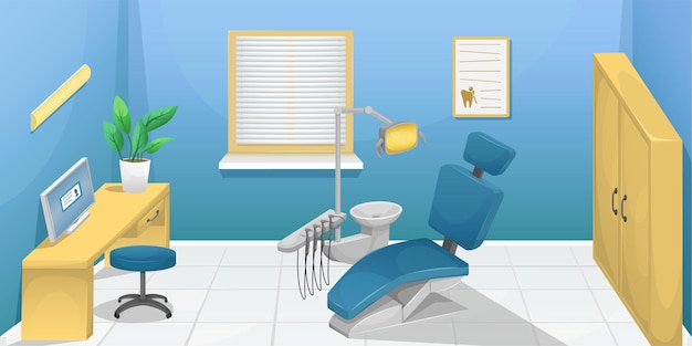 Ilustração de um consultório dentário com uma ilustração de cadeira odontológica