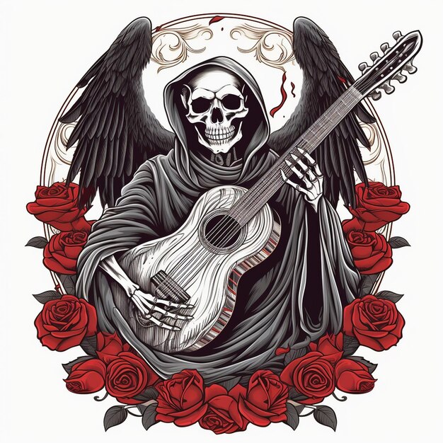 Vetor ilustração de um crânio tocando guitarra com vetor de rosas vermelhas