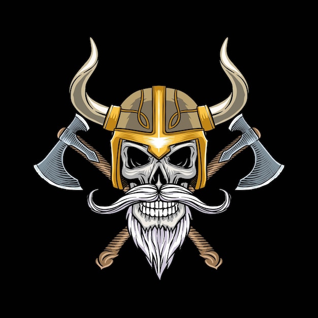 ilustração de um crânio viking com uma arma de machado