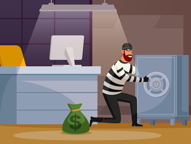 Vetor ilustração de um criminoso roubando dinheiro no cofre