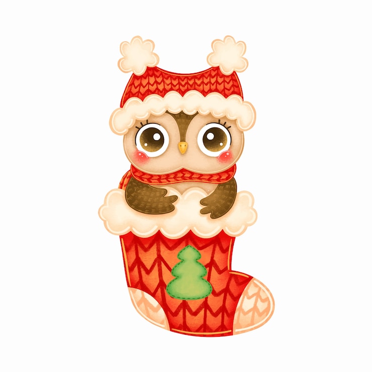 Vetor ilustração de um desenho bonito de coruja de natal com chapéu vermelho e lenço com meia vermelha