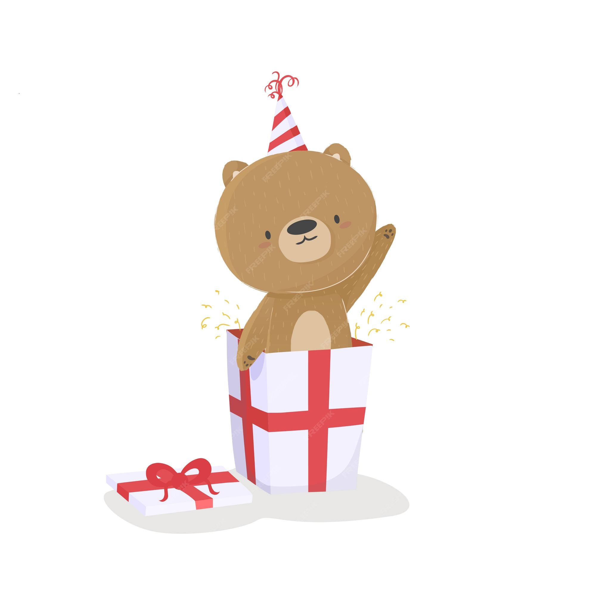 Ilustração de um urso feliz de desenho infantil com bolo de