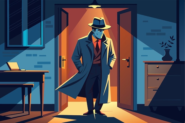 Ilustração de um detetive estilizado com um rosto azul vestindo um trench coat e fedora de pé na porta de uma sala mal iluminada