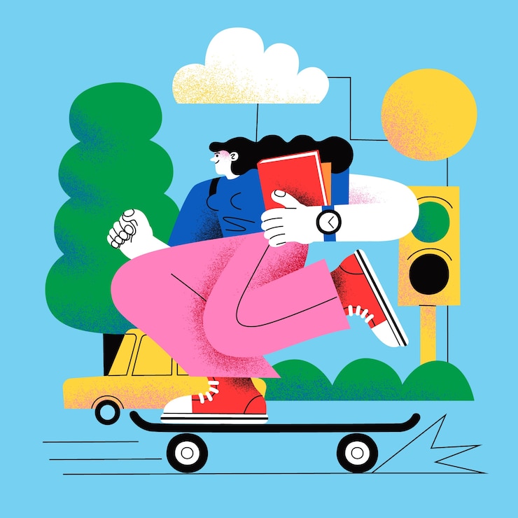 Ilustração de um estudante de skate