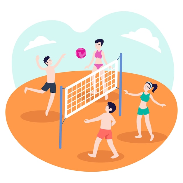 Ilustração de um grupo de adolescentes jogando vôlei na praia no verão