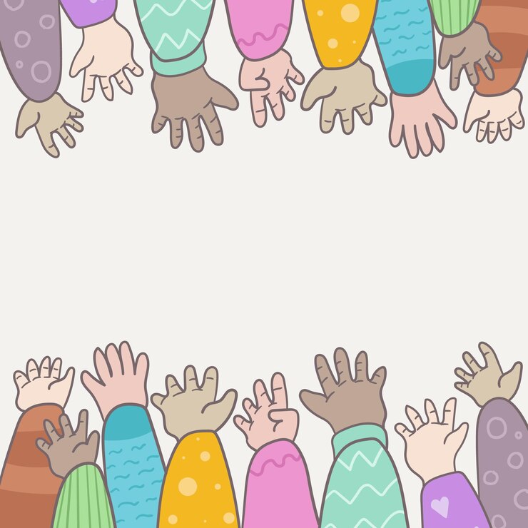 Ilustração de um grupo de crianças levantando as mãos com espaço para texto