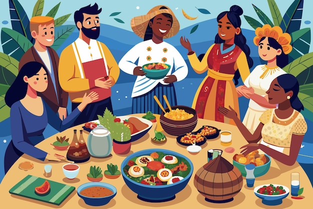 Vetor ilustração de um grupo diversificado de seis pessoas desfrutando de uma variedade de pratos em um jantar com tema tropical com uma rica exibição de alimentos e plantas coloridos no fundo