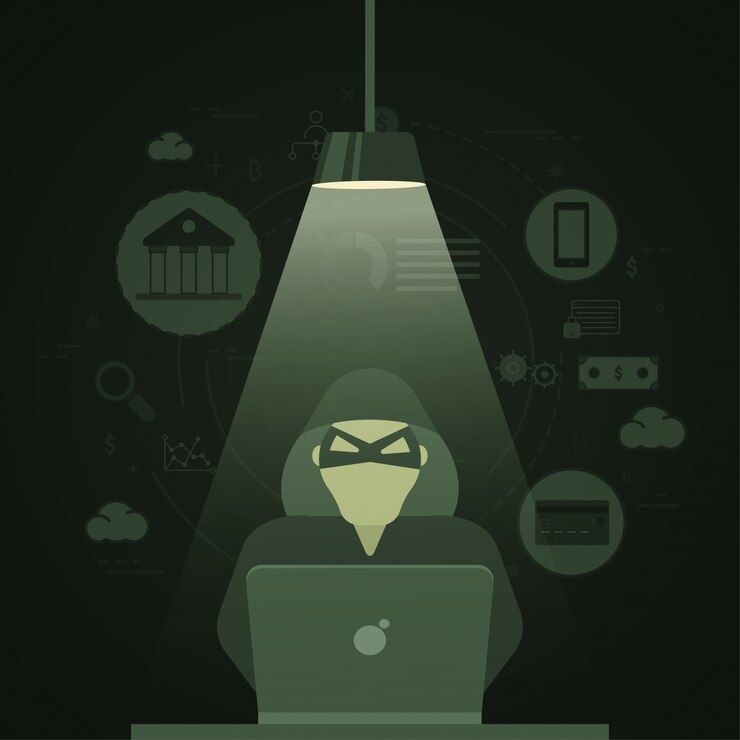 Vetor ilustração de um hacker cibernético, ataques cibernéticos na internet, conceito de fraude e fraude, fundo fin-tech (tecnologia financeira).