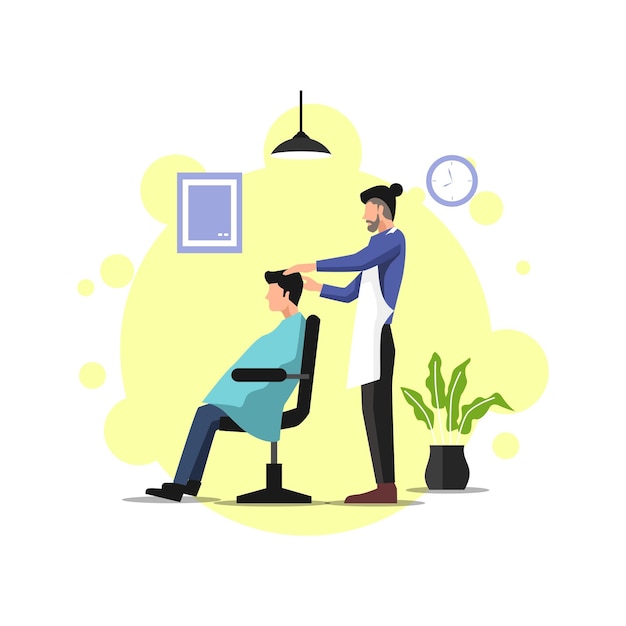 Ilustração de um homem cortando o cabelo em uma barbearia