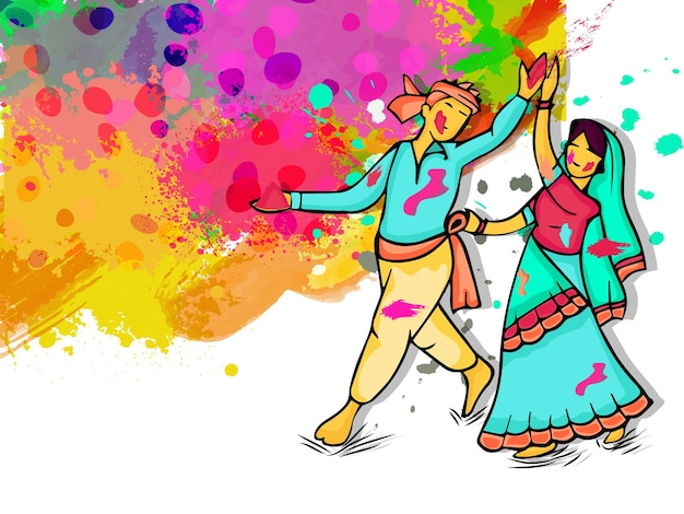 Ilustração de um homem e uma mulher indianos voando Gulal Color Dry na ocasião da feliz celebração de Holi