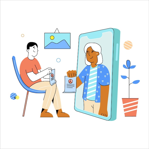 Ilustração de um homem e uma mulher se comunicando por videochamada