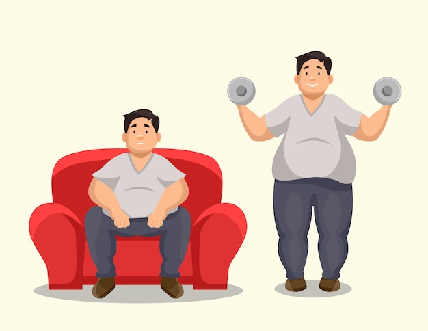 Ilustração de um homem gordo no sofá e um homem gordo exercitando