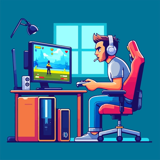 Vetor ilustração de um homem jogando um jogo em um computador