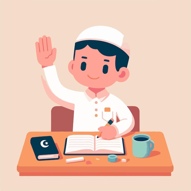 Vetor ilustração de um homem muçulmano estudando e levantando a mão