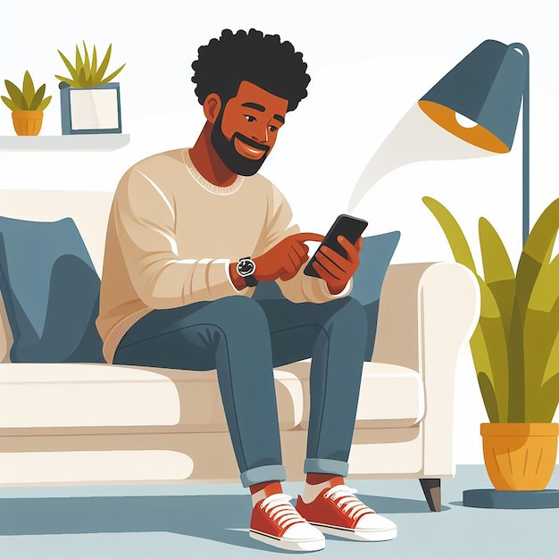 Vetor ilustração de um homem sentado em um sofá brincando com um smartphone