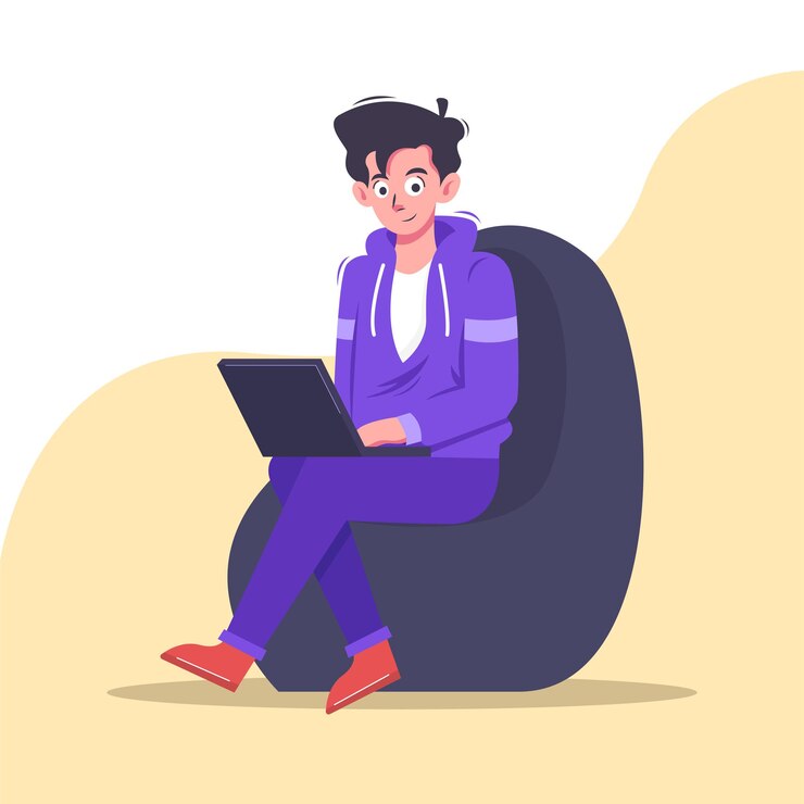 Ilustração de um homem sentado em uma cadeira jogando um laptop