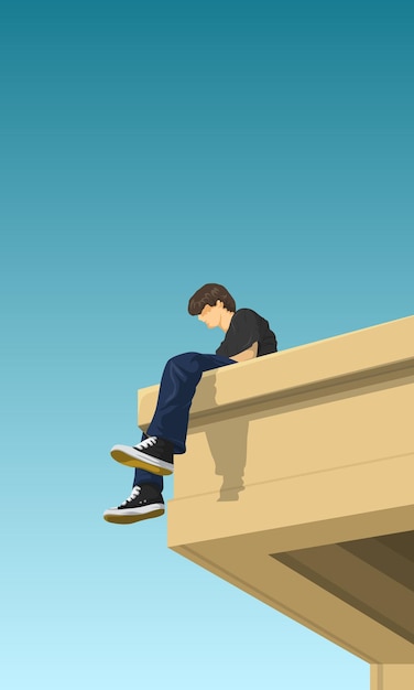 Ilustração de um homem sentado no telhado do edifício
