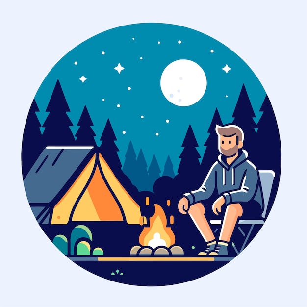 Ilustração de um homem sobrevivendo na floresta à noite com uma tenda e uma fogueira
