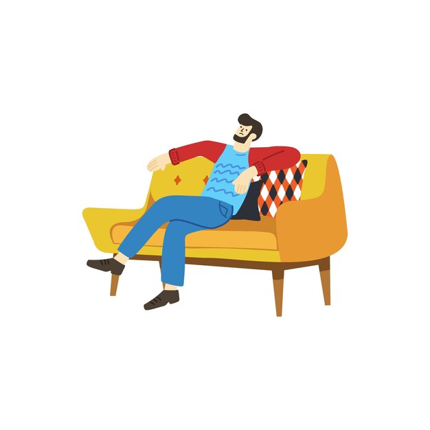 Ilustração de um homem tentado e relaxando no sofá