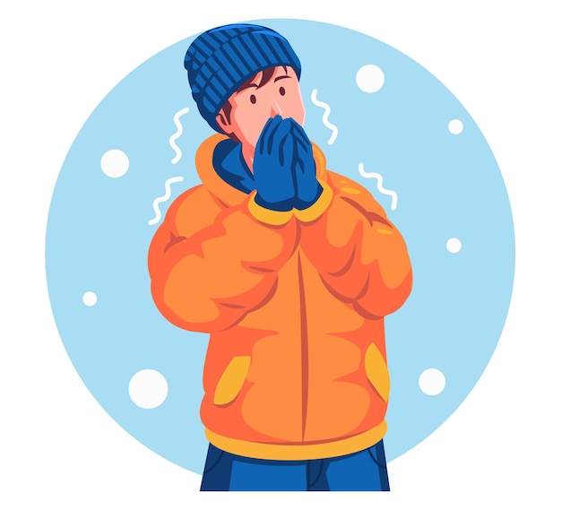Ilustração de um homem vestindo uma jaqueta de inverno e espirrando