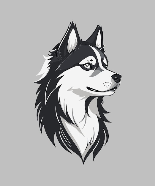 Ilustração de um husky siberiano preto e branco isolado sobre um fundo cinzento