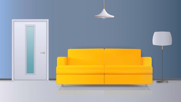 Ilustração de um interior. sofá amarelo, porta branca, luminária de chão com abajur branco, luminária de teto branca. interior realista.