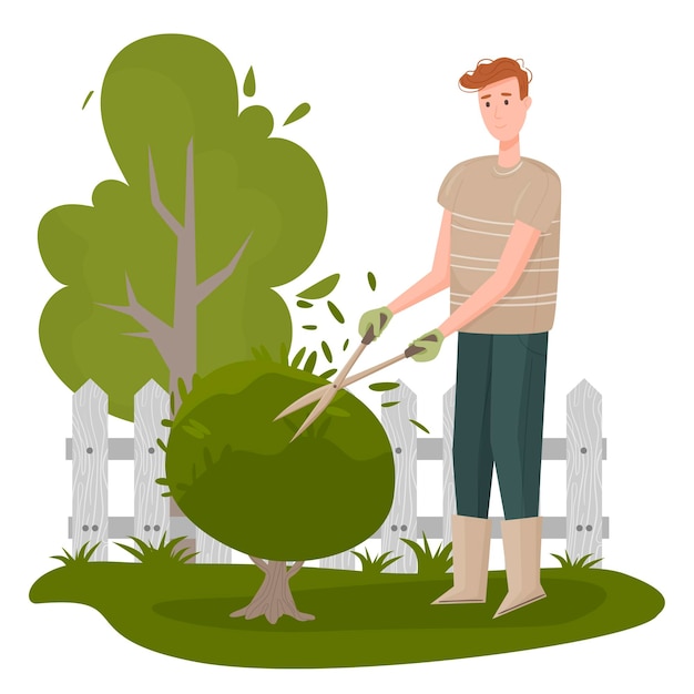 Ilustração de um jardineiro. caráter masculino faz-tudo, recorte de árvores e arbustos isolados pacote. paisagismo do terreno pessoal, cultivo de plantas e viveiro, jardinagem