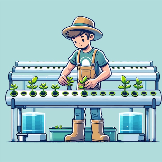 Vetor ilustração de um jovem agricultor plantando plantas hidropônicas em tubos em estilo de design plano