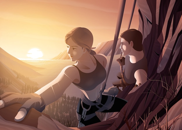 ilustração de um jovem casal escalando a falésia junto com um plano de fundo da bela paisagem do estuário do mar e o nascer do sol