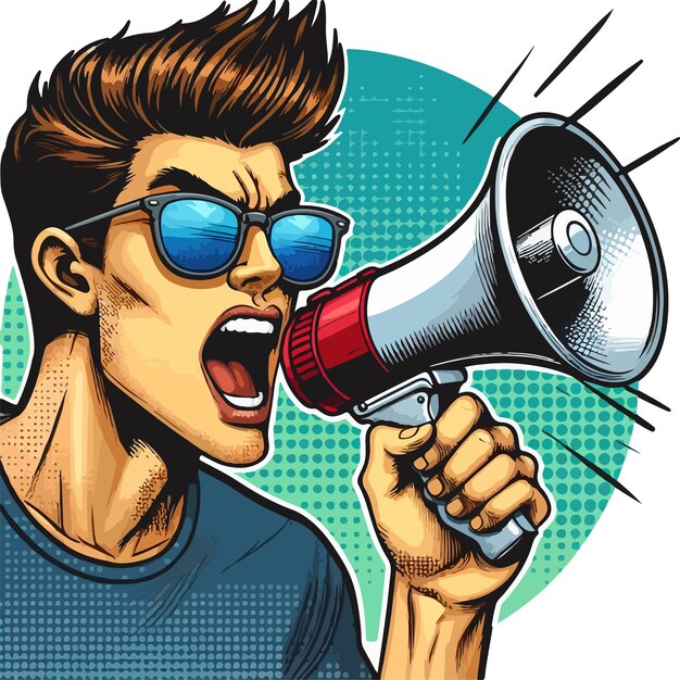 Vetor ilustração de um jovem gritando com um megafone