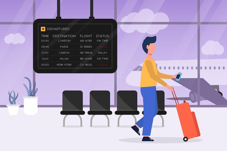 Vetor ilustração de um jovem viajante com passaporte de mala e cartão de embarque no terminal do aeroporto