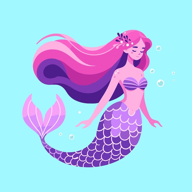 Ilustração de um lindo cabelo e cauda de sereia fuchsia com escamas em tons violetas