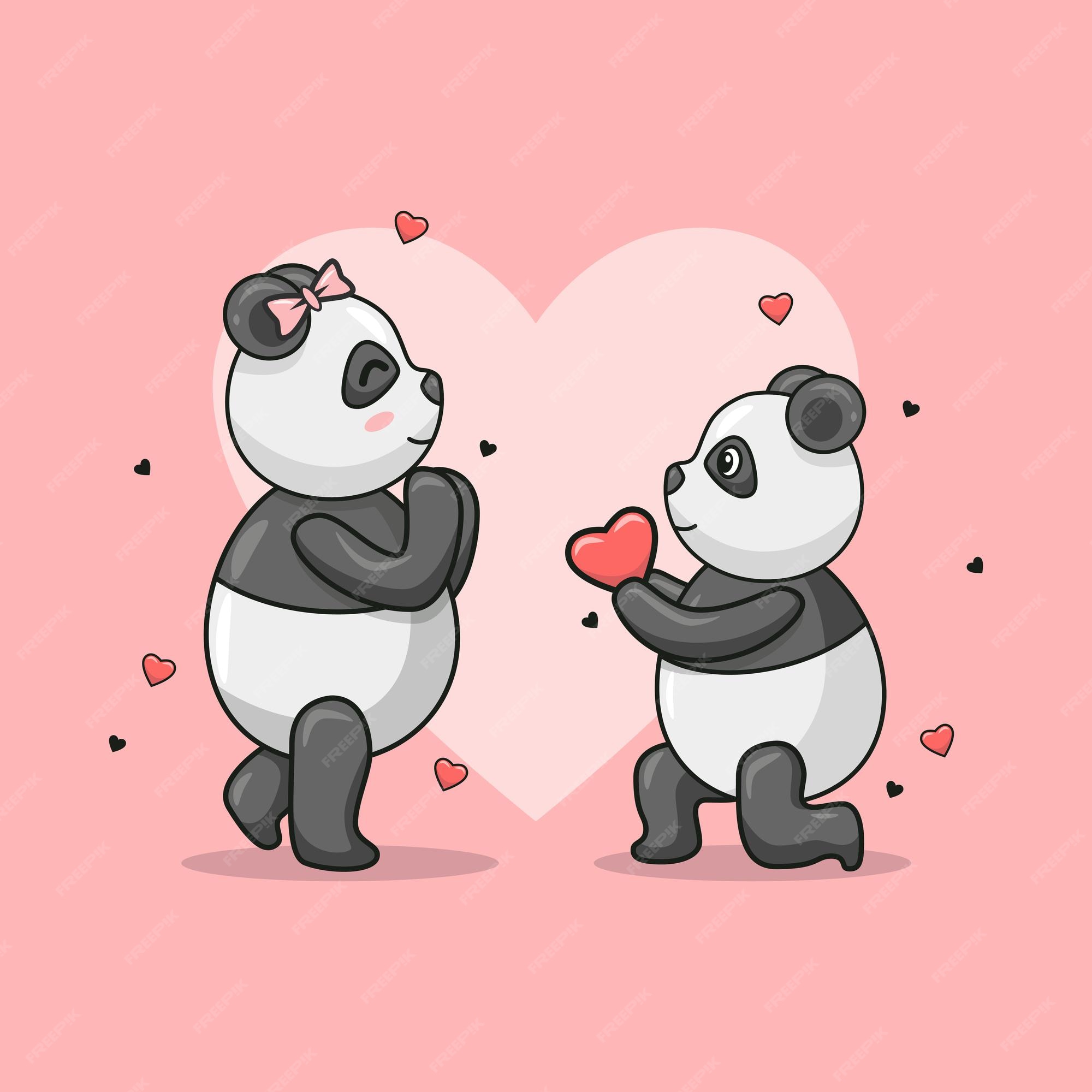 Lindo casal de pandas apaixonados desenho simples e mínimo de