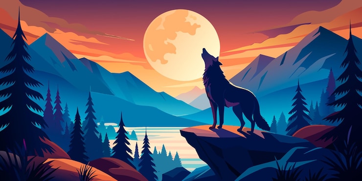 Vetor ilustração de um lobo em um penhasco com uma lua cheia ao fundo