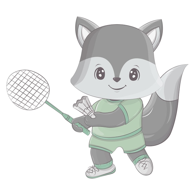 Ilustração de um lobo jogando badminton.