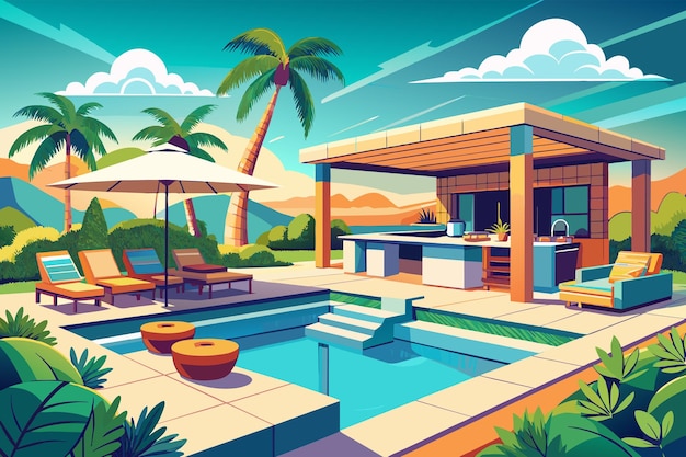 Vetor ilustração de um luxuoso quintal com uma piscina, uma pequena casa, cadeiras de sol sob uma área de jantar com guarda-chuva e vegetação exuberante com montanhas ao fundo